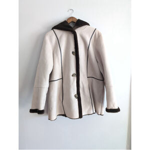 Pennington Pany Lane Sued Hooded Mid Length Coat Cream Faux Teddy Furr Lining XL